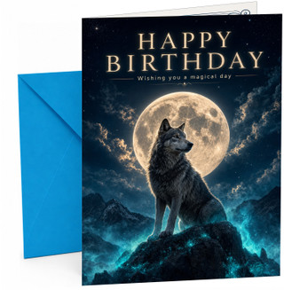 Happy Birthday Card Wolf Under Full Moon Night Sky