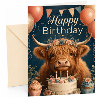 Happy Birthday Card Highland Cow with Cake and Balloons