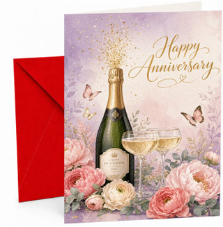 Couple Anniversary Card Champagne Bottle and Floral Butterflies