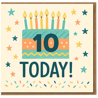 10th Birthday Card - '10 Today' Colourful Cake with Candles, Stars & Confetti - Fun Kids Birthday Card for Boy or Girl