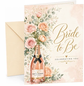 Bride To Be Congratulations Card Champagne Bottle and Roses