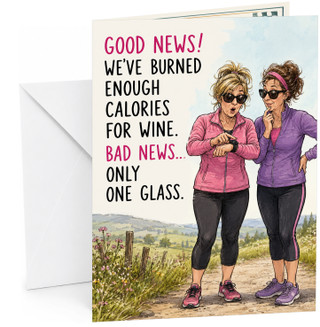 Funny Birthday Card Jogging Ladies Burned Calories for Wine