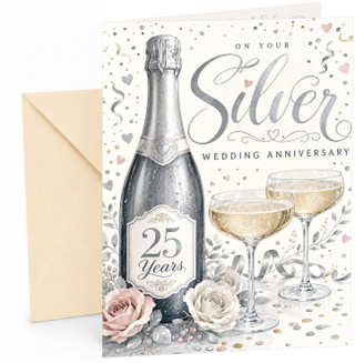 Couple 25th Anniversary Card Champagne Bottle and Glasses