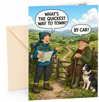 Funny Birthday Card Hiker & Farmer Joke in Countryside