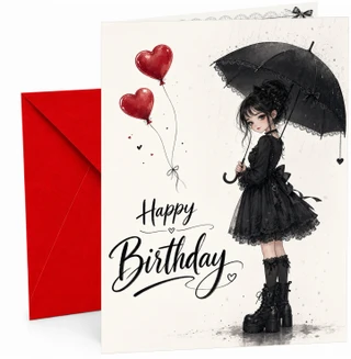 Happy Birthday Card Gothic Girl with Black Umbrella and Hearts