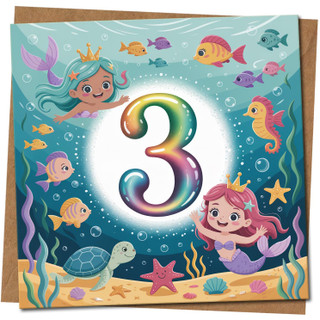 Mermaid 3rd Birthday Card for Girls - Under the Sea Princess Design, Age 3, Cute Children’s Greeting Card, 145mm x 145mm, Includes Kraft Envelope