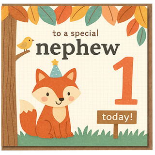 Nephew 1st Birthday Card - Cute Woodland Fox with Party Hat, Leaves and Bird - To a Special Nephew, 1 Today