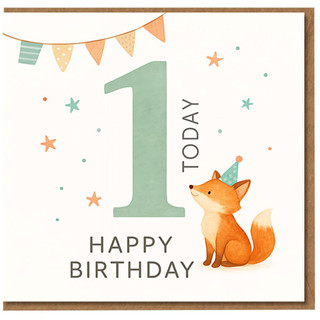 1st Birthday Card - Cute Fox with Party Hat, Bunting and Stars - '1 Today Happy Birthday' Pastel Illustration for Baby Boy or Girl