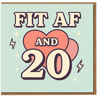 Fit AF and 20 Birthday Card - Funny 20th Birthday for Him or Her, Retro Hearts & Lightning Design, Cheeky Adult Humour