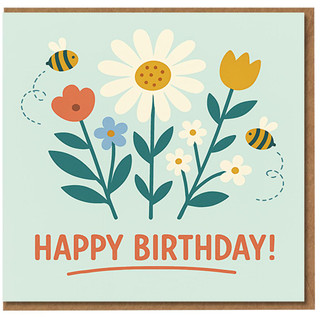 Happy Birthday Card - Cute Floral Garden with Bees - Daisy, Tulip and Wildflowers Illustration - Cheerful Nature Design for All Ages