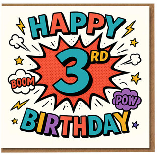 Happy 3rd Birthday Card - Comic Book Pop Art BOOM POW Design with Stars & Lightning - Colourful Kids Birthday Card for 3 Year Old