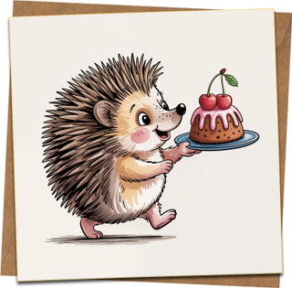 Cute Hedgehog with Cake Birthday Card, Square Greeting Card 145mm x 145mm, Animal Illustration, Fun for Kids and Adults, Includes Kraft Envelope
