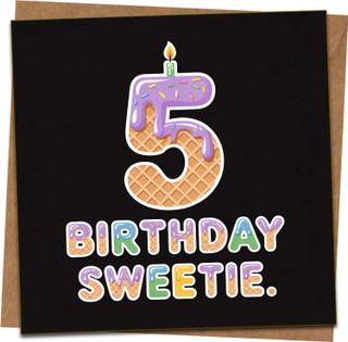 5th Birthday Card for Kids – Ice Cream Cone Number 5 with Candle, 'Birthday Sweetie' Design, 145mm x 145mm Square, Black, Includes Kraft Envelope – For Son Daughter Boy Girl