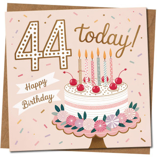 44th Birthday Card - 145mm x 145mm - '44 Today! Happy Birthday' Cake and Candles Square Design - Age 44 Card for Adults, Includes Kraft Envelope