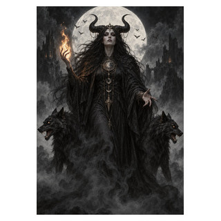 Dark-robed horned woman raising a golden flame before a full moon, with two dark hounds and gothic towers.