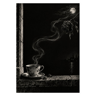 Chipped teacup on a stone sill with steam curling toward a dried rose beneath a moon in a mostly black scene.