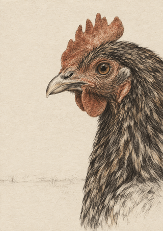 Close side view of a chicken with a prominent comb, eye, beak, and wattle, rendered in dark etched-looking lines on warm cream paper.