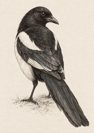 Complete black-and-white magpie standing on lightly sketched ground, head turned over its shoulder and long tail angled downward.