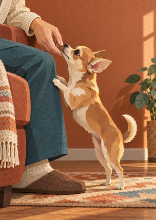 A tan-and-cream Chihuahua stands with its forepaws against a seated person's knee, reaching toward a lowered hand.