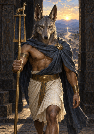 Jackal-headed figure holding a tall staff between carved stone pillars with a sunlit river valley behind.