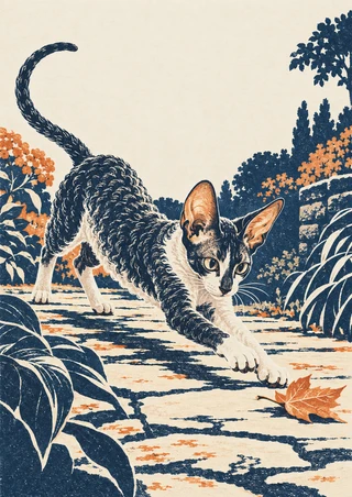 Curly-coated cat with upright ears and a long curved tail leaping toward an orange leaf on a garden path.