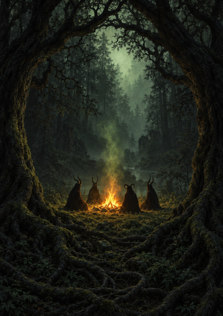 Four small horned-looking silhouettes gather around a glowing campfire beneath enormous trees in a dark, misty forest.