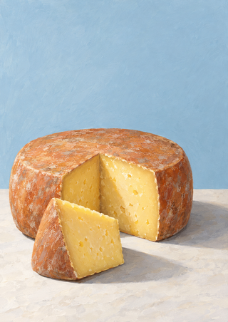 A cheese wheel with a wedge removed and resting in front, painted in butter yellow and terracotta against a pale blue wall.