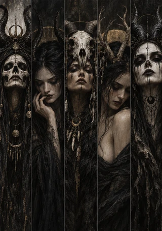 Vertical montage of five dark fantasy portraits in narrow panels, with skull and horn motifs, dark hair and garments, and muted gold-toned ornaments.