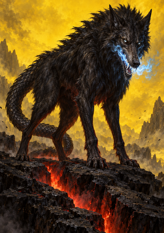 A large shaggy black wolf-like beast with a scaled-looking tail stands on volcanic ground as blue light streams from its mouth above glowing lava fissures.