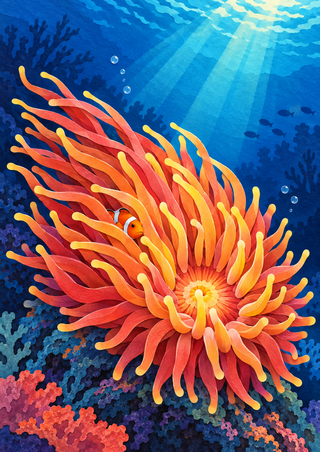 An orange-and-white clownfish nestles among a large orange-coral anemone, surrounded by blue water, light shafts, bubbles, and distant reef silhouettes.
