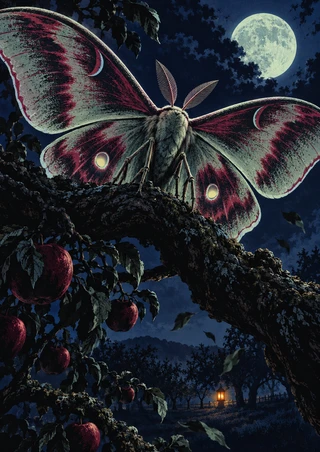 Large patterned moth resting on a branch beneath a full moon, with apples, foliage, and a small lantern in a dark orchard.