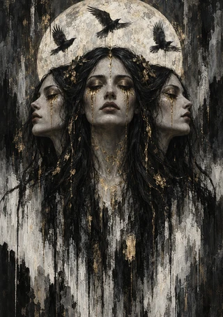 Three dark-haired faces arranged symmetrically beneath a pale moon, with three black birds and gold-colored streaks.