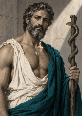 Bearded man in white and teal drapery holds a wooden staff with a snake coiled around it before pale stone architecture.