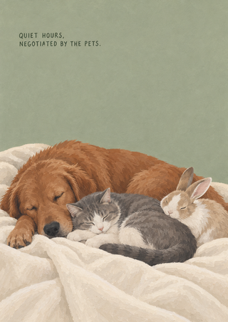 A dog, gray cat, and cream-and-white rabbit sleep together on a pale blanket beneath small dark lettering on sage green.