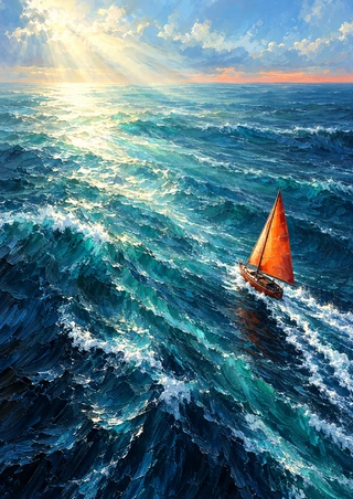 A small sailboat with a bright orange-red triangular sail crosses choppy blue water beneath sunlight breaking through clouds.