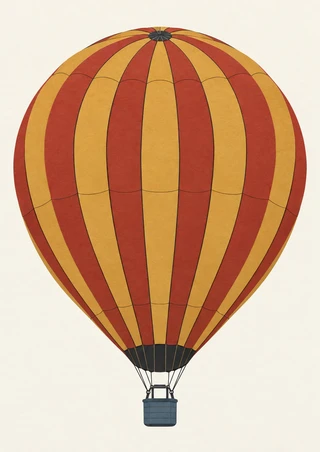 Upright hot-air balloon with alternating ochre and brick-red panels, dark seams, and a small blue-gray basket on a pale background.