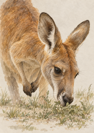 Brown kangaroo with long ears and lowered muzzle browsing sparse green vegetation on a pale background.