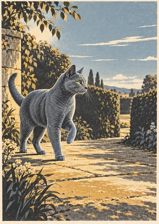 A blue-gray cat with one forepaw raised stands on a warm garden path among hedges and foliage.