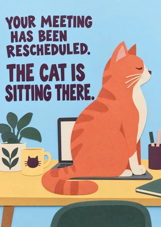 Orange tabby cat seated over a laptop on a desk beside the words, “YOUR MEETING HAS BEEN RESCHEDULED. THE CAT IS SITTING THERE.”