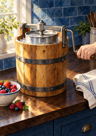Wooden ice-cream churn with metal bands and side crank on a kitchen counter beside berries and a folded towel.