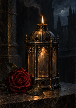 Ornate black-metal lantern with an amber flame beside a deep red rose and dark leaves on a stone surface.