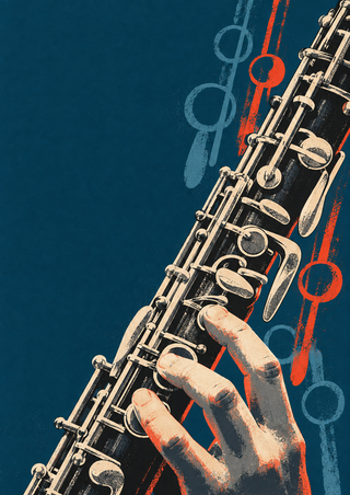 Diagonal oboe body and keywork with a hand pressing the keys against a petrol blue background and circular graphic accents.