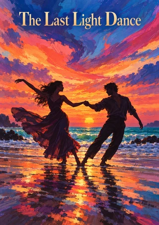 Two figures dance hand-in-hand on a reflective beach beneath a colorful sunset and the title “The Last Light Dance.”