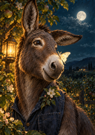 Lifelike donkey in an indigo vest with a pale moth beside its muzzle, framed by orchard blossoms, fruit, foliage, lantern light and a moon.
