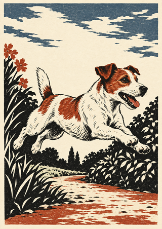 White-and-rust terrier leaping rightward over a garden path, surrounded by flowers and foliage beneath a patterned sky.