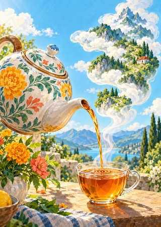 Floral ceramic teapot pours amber tea into a clear glass cup as cloudlike steam forms a miniature mountain landscape with a cottage.