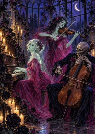 Pale pianist, translucent violinist, and skeletal cellist performing in a candlelit conservatory with dark roses and a crescent moon.