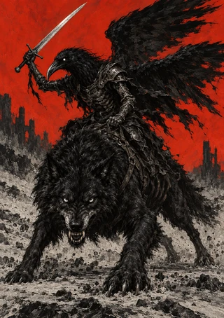 Raven-headed armored rider raises a sword while riding a snarling black wolf beneath broad wings against a red sky.