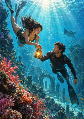 Two adult divers exchange a glowing lantern underwater, surrounded by coral, bubbles, sunbeams, distant ruins, and a ray.