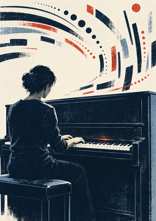 Seated pianist viewed from behind at an upright piano, with abstract arcs overhead and a small red accent near the keyboard.